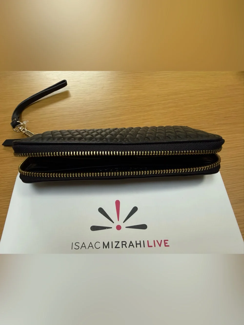 Isaac Mizrahi Black Leather Quilted Wristlet Card & Key Holder BN with Box